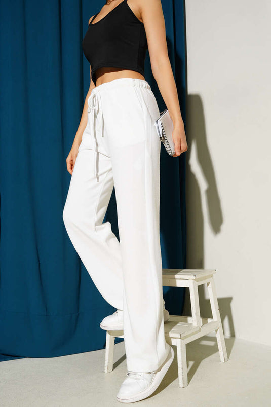 İp Bağcıklı Bol Paça Pantolon Beyaz