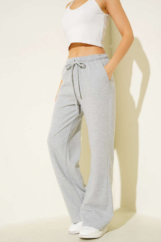 Grey Drawstring Wide Leg Pants