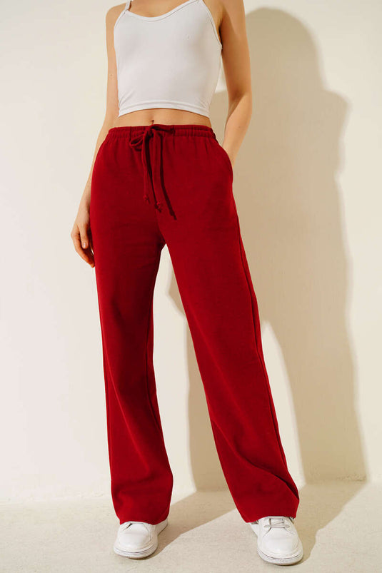 İp Bağcıklı Bol Paça Pantolon Kırmızı