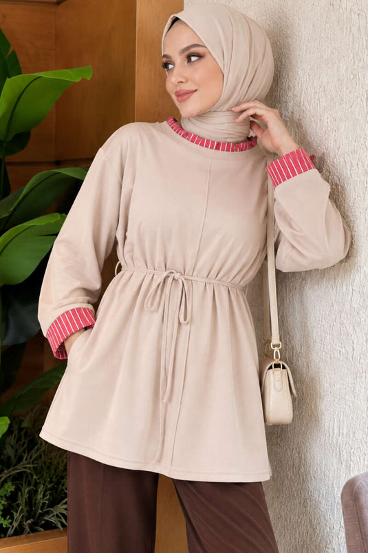 Túnica Beige A Rayas Con Detalle De Lazo