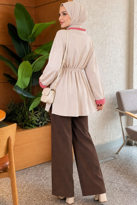 Túnica Beige A Rayas Con Detalle De Lazo