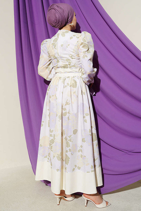 Robe jaune à manches ballon à motifs avec lien
