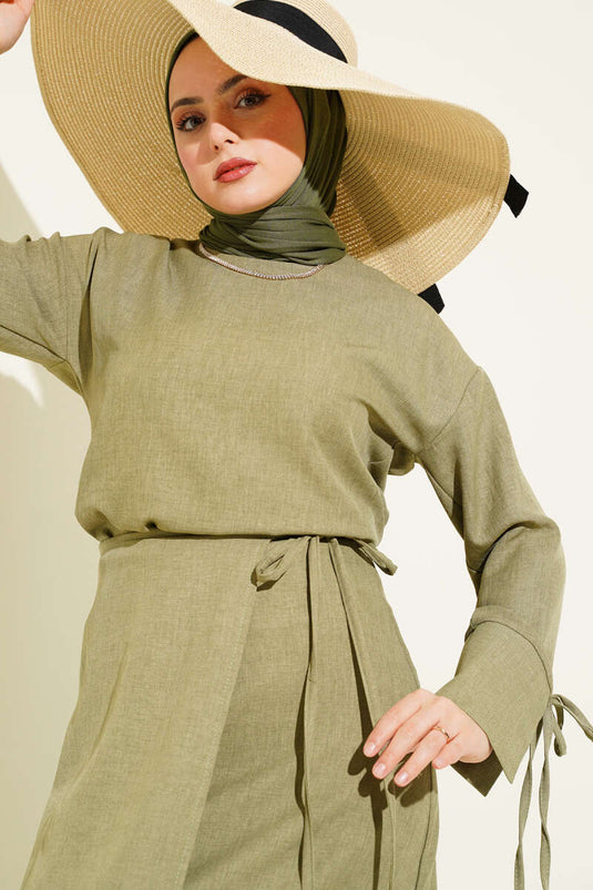 Basic Two-Piece Set with Drawstring and Skirt in Khaki