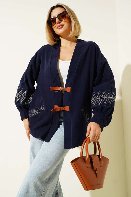 Navy Blue Embroidered Cardigan with Drawstring
