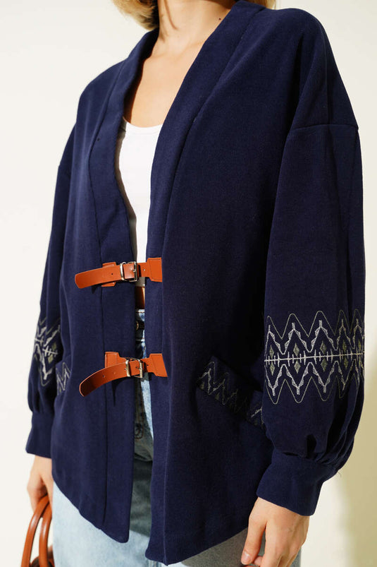 Navy Blue Embroidered Cardigan with Drawstring