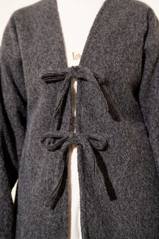 İp Bağlama Detaylı Ceket Füme