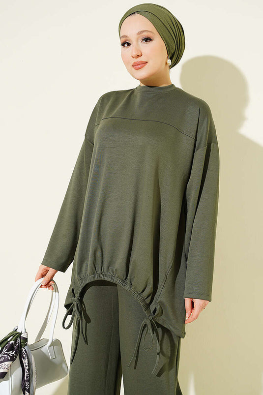 Tweedelig Set Met Strikdetail En Ruches In Khaki