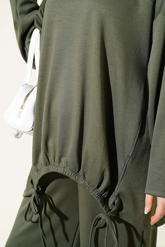 Tweedelig Set Met Strikdetail En Ruches In Khaki