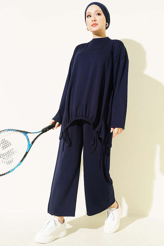 Navy Tweedelig Set Met Strikdetail En Ruches