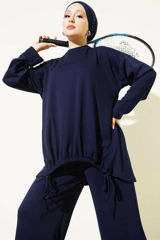 Navy Tweedelig Set Met Strikdetail En Ruches