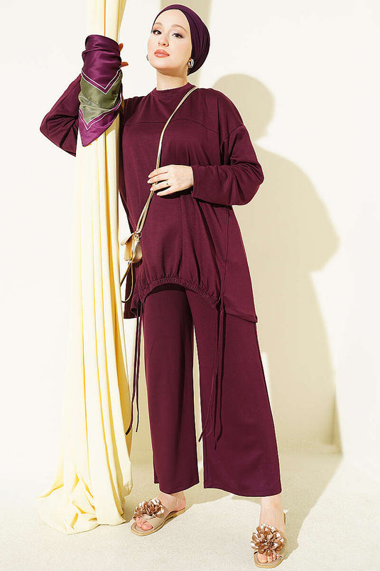Tweedelig Set Met Strikdetail En Ruches In Pruimkleur