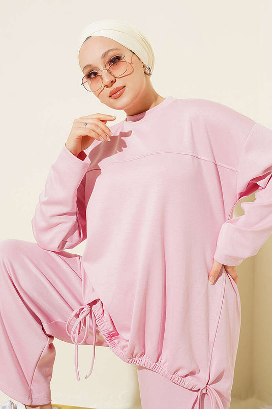 Roze Tweedelig Set Met Strikdetail En Ruches