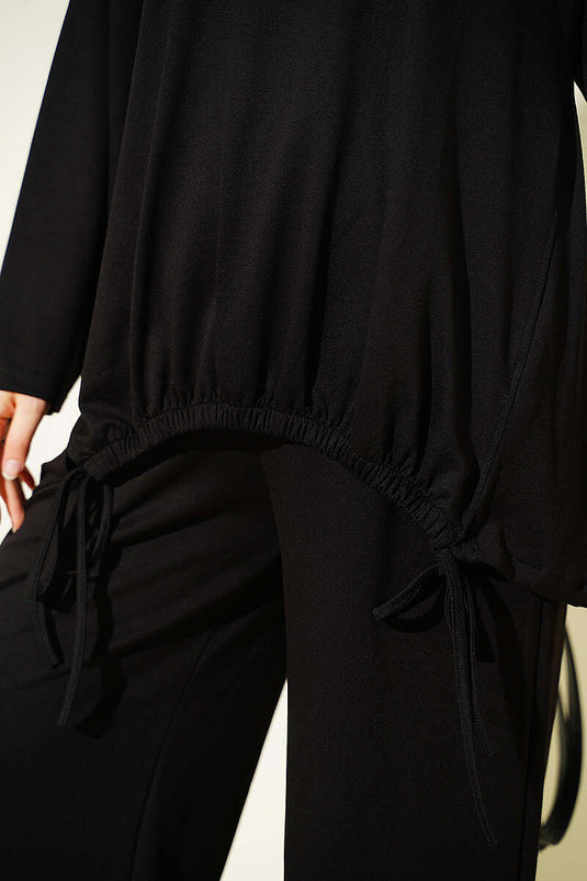 Zwart Tweedelig Set Met Strikdetail En Ruches