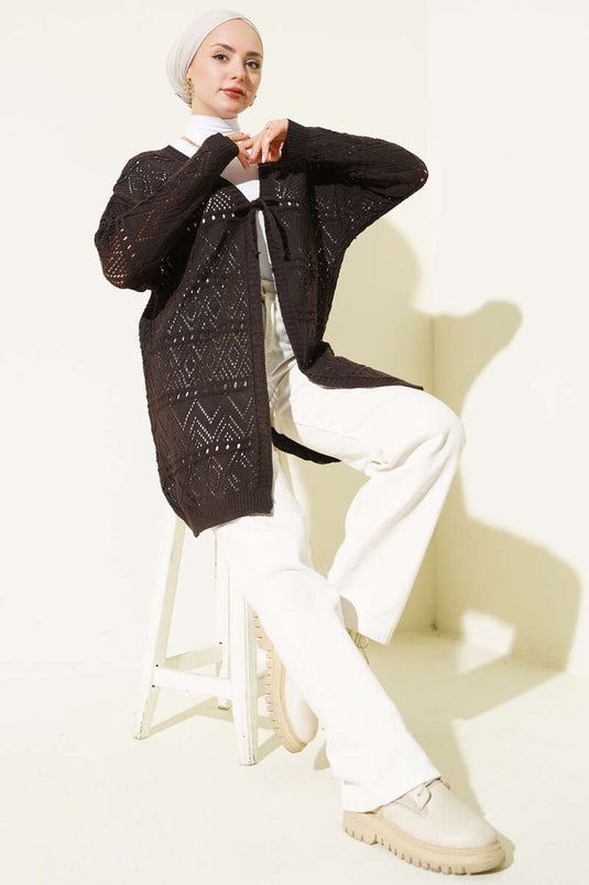 İp Bağlamalı Desenli Triko Hırka Acı Kahve