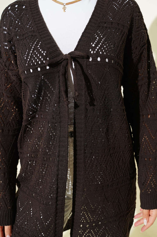 İp Bağlamalı Desenli Triko Hırka Acı Kahve