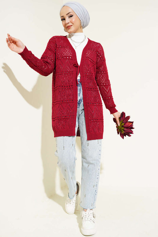 Cardigan tricoté à motifs noués en corde rouge bordeaux