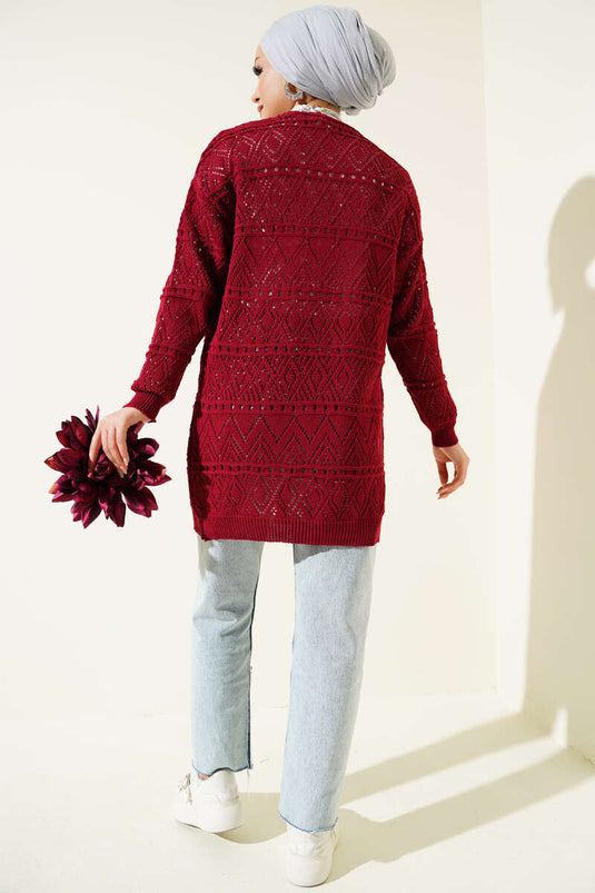 Cardigan tricoté à motifs noués en corde rouge bordeaux