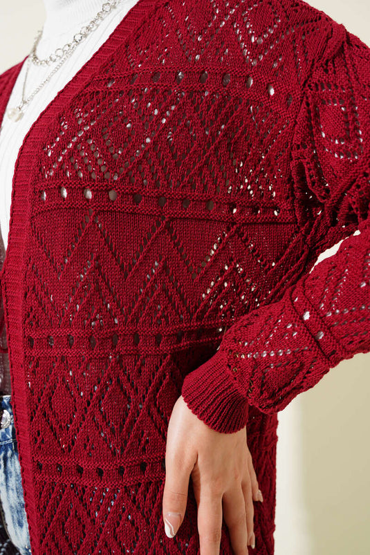 Cardigan tricoté à motifs noués en corde rouge bordeaux