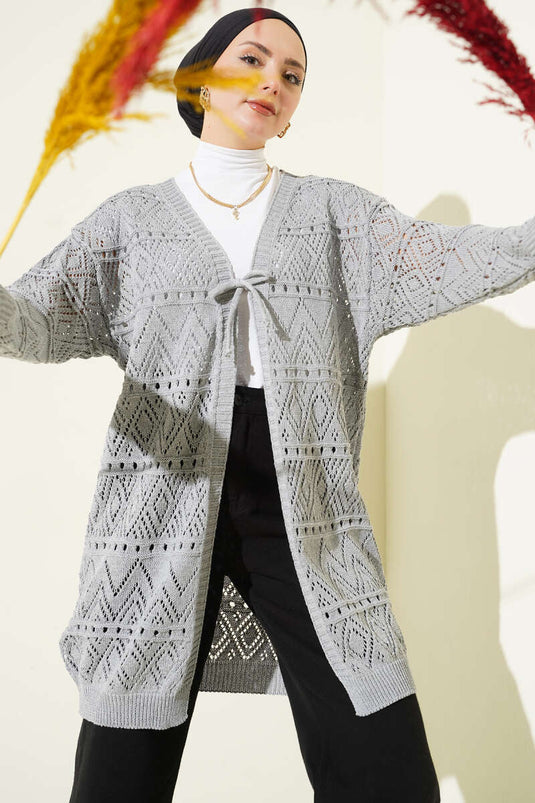 كارديغان محبوك بنمط مع رباط عنق رمادي