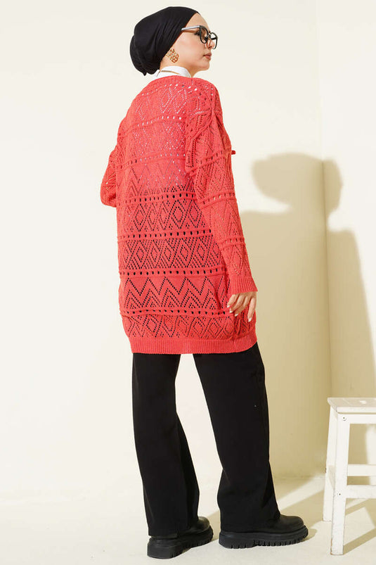 Coral Patterned Knit Cardigan with Tie Strings
