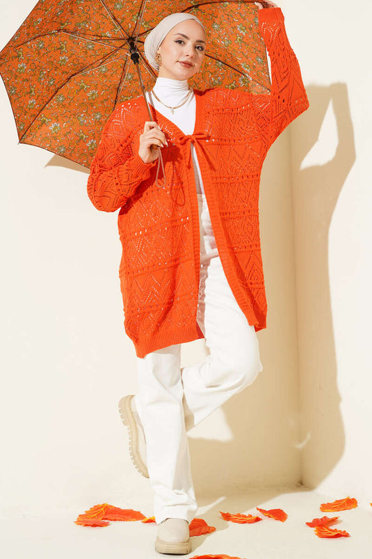 كارديغان محبوك مزخرف مع رباط عنق برتقالي