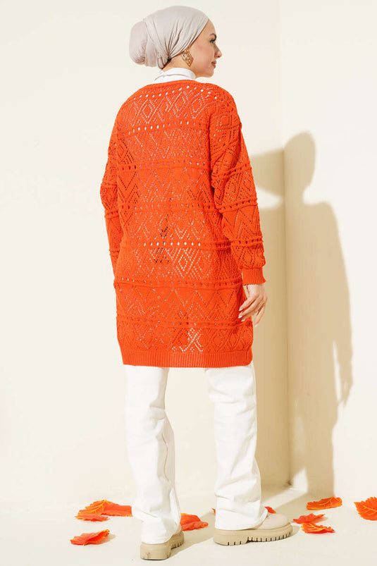 كارديغان محبوك مزخرف مع رباط عنق برتقالي