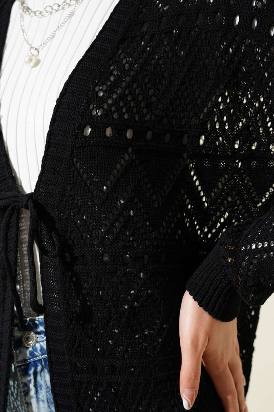 Cardigan en tricot à motif avec lien à nouer Noir