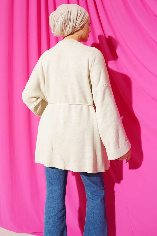 İp Bağlamalı Duble Kol Triko Tunik Bej