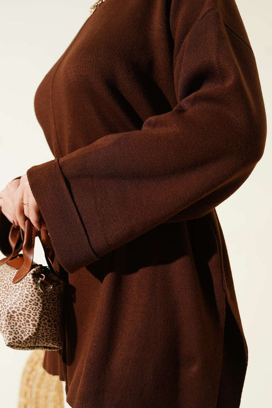 İp Bağlamalı Duble Kol Triko Tunik Kahve