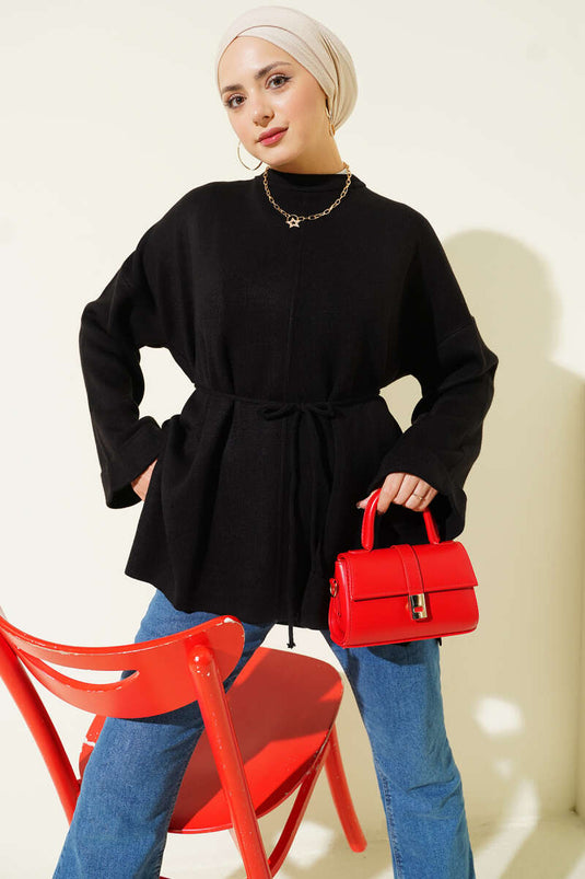 İp Bağlamalı Duble Kol Triko Tunik Siyah