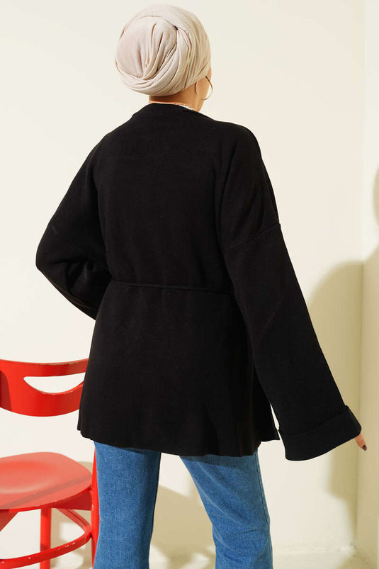 İp Bağlamalı Duble Kol Triko Tunik Siyah