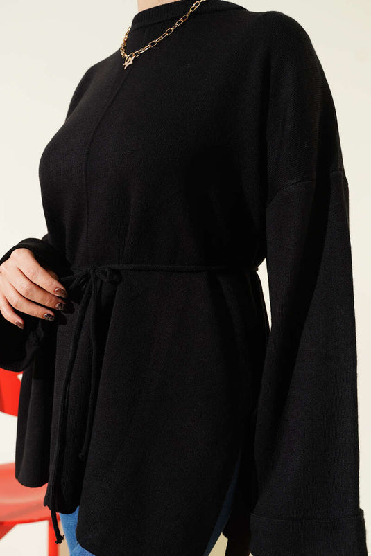 İp Bağlamalı Duble Kol Triko Tunik Siyah