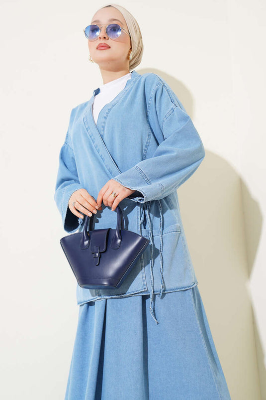 String Tied Skirted Denim Two Piece Set Light Denim