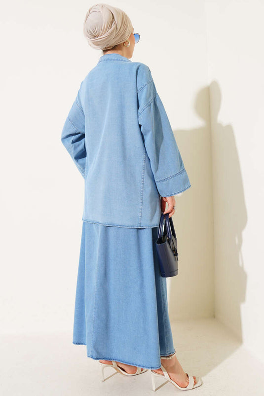 String Tied Skirted Denim Two Piece Set Light Denim