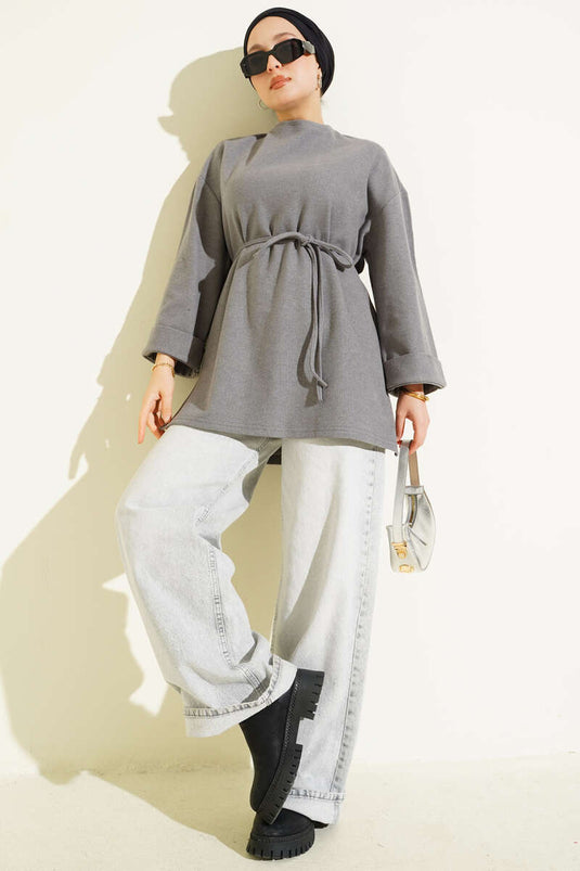 Rope-Tied Corduroy Tunic Gray