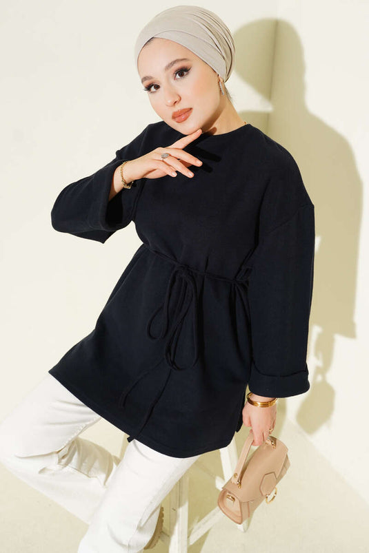 Tunique en velours côtelé bleu marine à nouer avec une corde