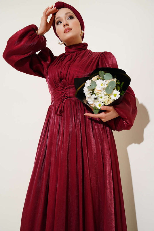 String Pleated Evening Dress Burgundy