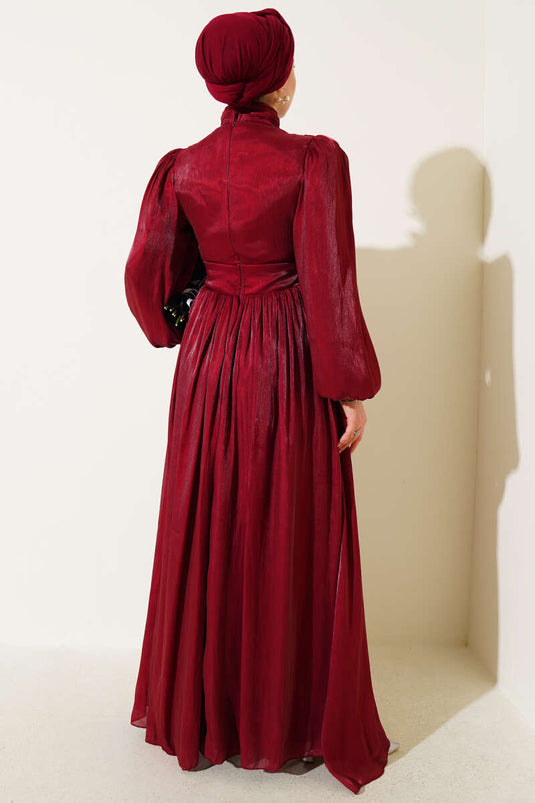 String Pleated Evening Dress Burgundy