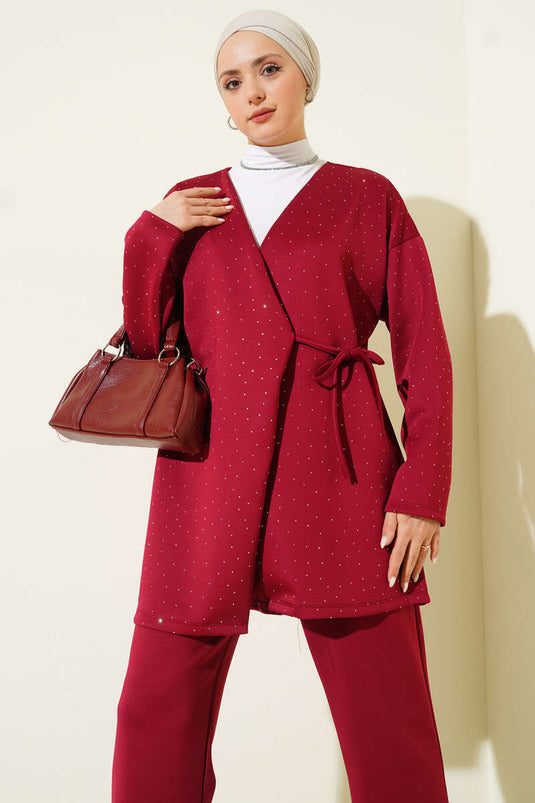 Stone-Embellished Scuba Two-Piece Set with Tie String Burgundy