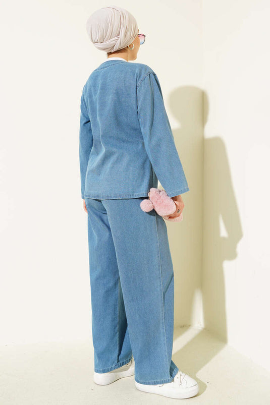 Ensemble deux pièces en denim bleu clair à col en V et lien noué