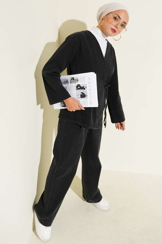 Rope-Tied V-Neck Denim Two-Piece Set Anthracite