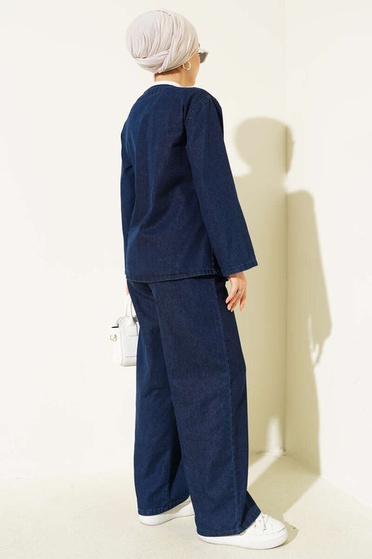 Costume deux pièces en denim à col en V et lien noué bleu marine