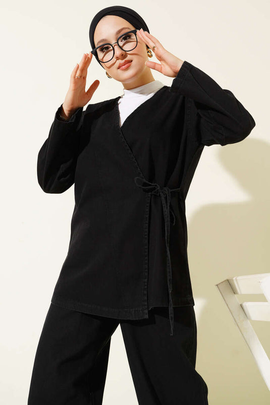 Rope-Tied V-Neck Denim Two-Piece Set Black