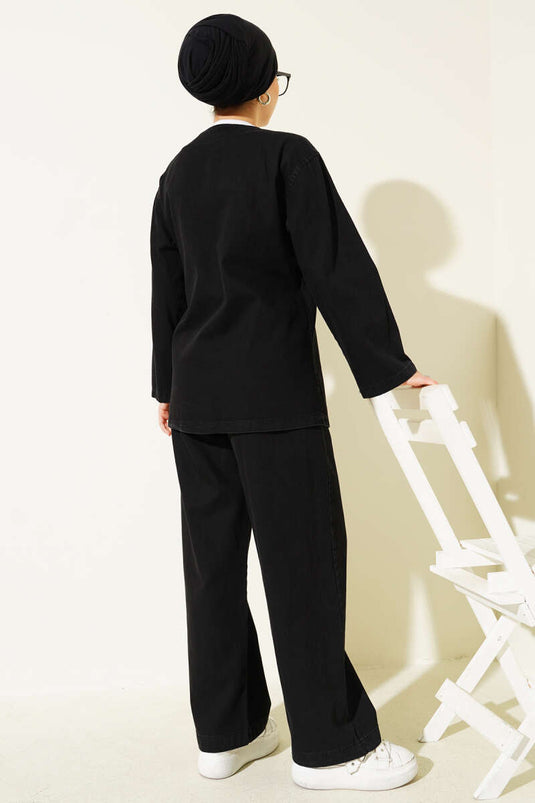 Rope-Tied V-Neck Denim Two-Piece Set Black