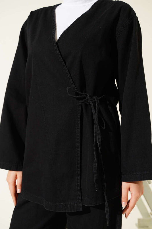 Rope-Tied V-Neck Denim Two-Piece Set Black