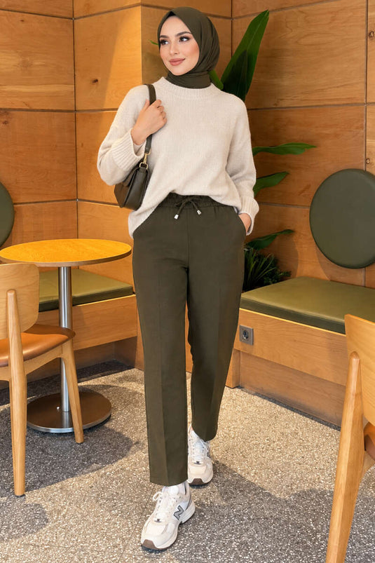 Haki Slim Fit Pants With Drawstring Waist And Side Pockets