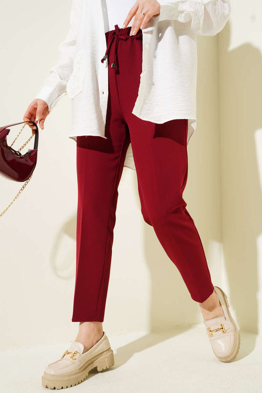 Pantaloni Bordeaux a Gamba Stretta con Vita Elastico e Dettaglio a Corda