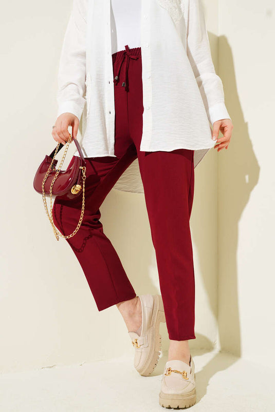 Pantaloni Bordeaux a Gamba Stretta con Vita Elastico e Dettaglio a Corda