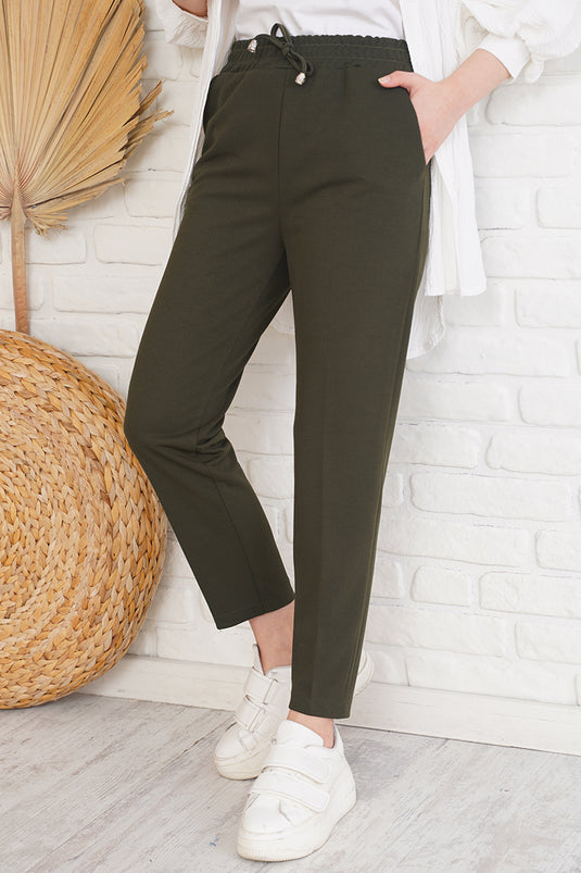 String Detailed Elastic Waist Slim Fit Khaki Pants