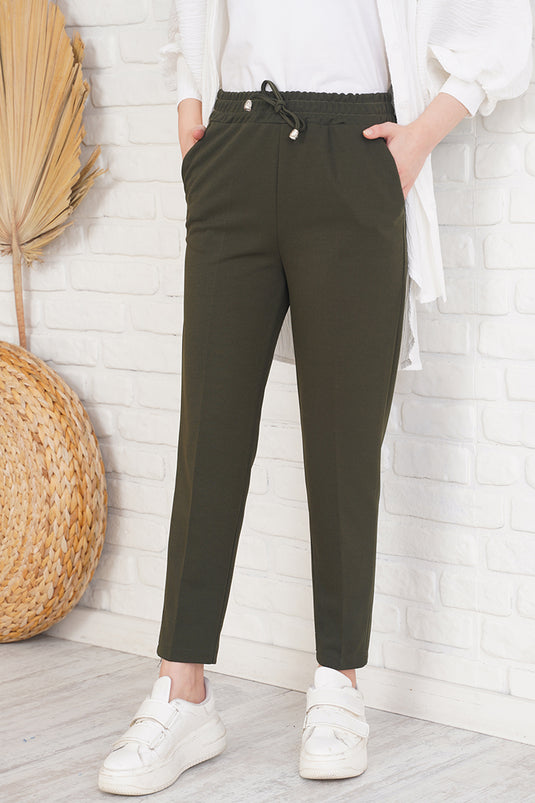 String Detailed Elastic Waist Slim Fit Khaki Pants